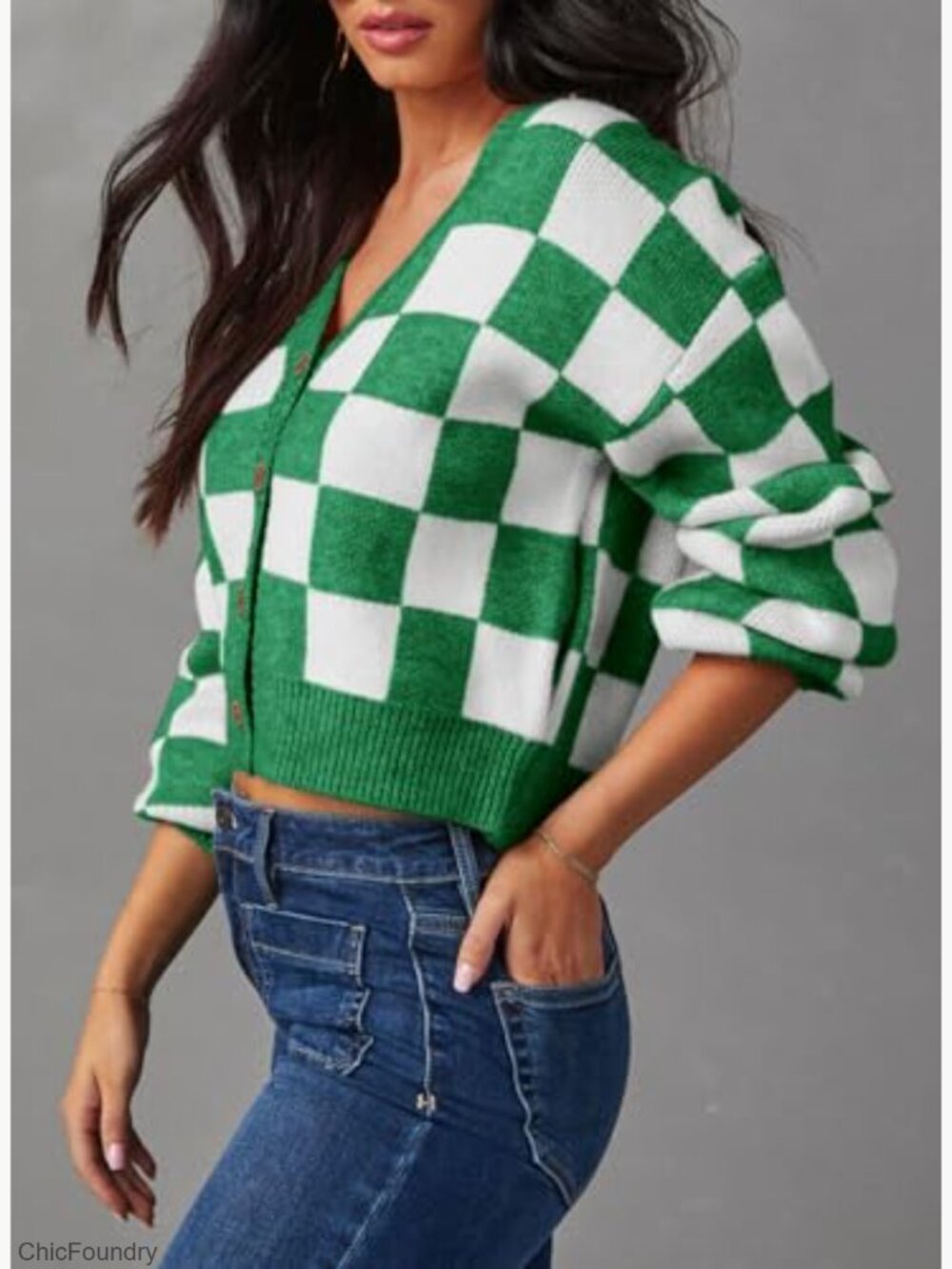 Cropped Cable Knit Cardigan V-Neck Button Down Long Sleeve - Picture 2 of 7